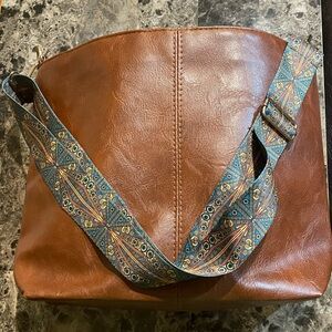 Brown Faux Leather Bag with Patterned Strap
